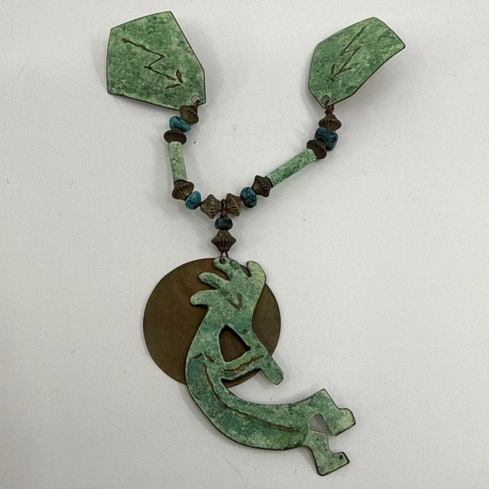 Vtg Native American Kokopelli‎ Brooch Pin Pendant Turquoise Copper? 5